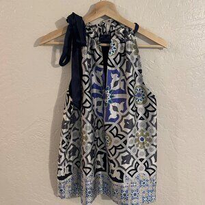 Hale Bob Silk Blue Ribbon Tie Halter Blouse